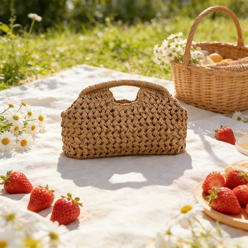 Women's Brand Fashion Clip Handbag, Bohemian Style Large Capacity Travel Woven Bag Popular Elegant Raffia Handmade Crossbody Bag