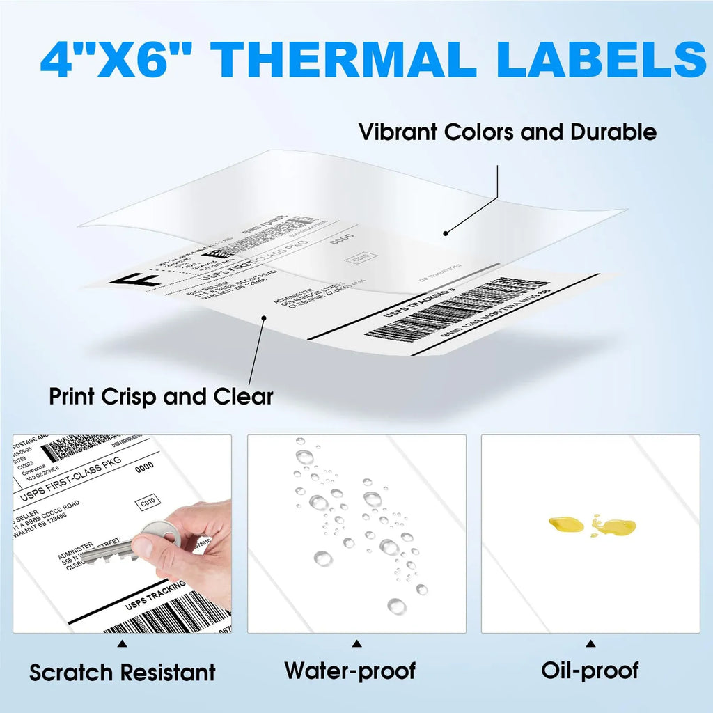 4x6 thermal labels sheet with printed barcode, scratch-resistant, water and oil proof shown