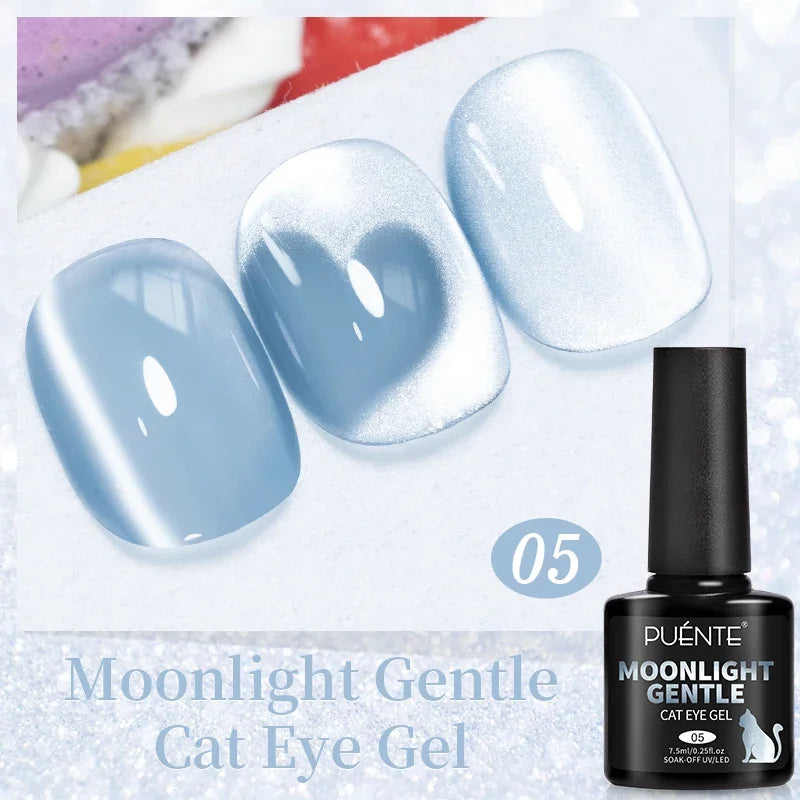 Moonlight Gentle cat eye gel nail polish in light blue, shown with swatches on oval-shaped nails.