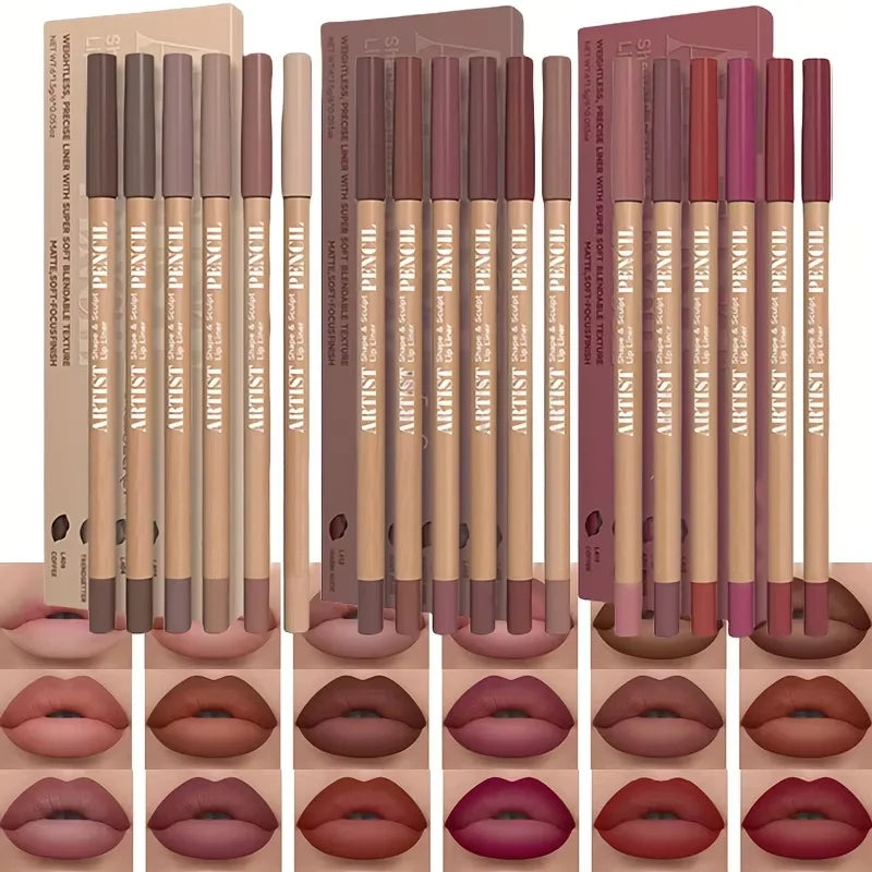 6pcs long-lasting velvet matte lip liner set in varied neutral to bold shades for precise, non-drying lip definition.