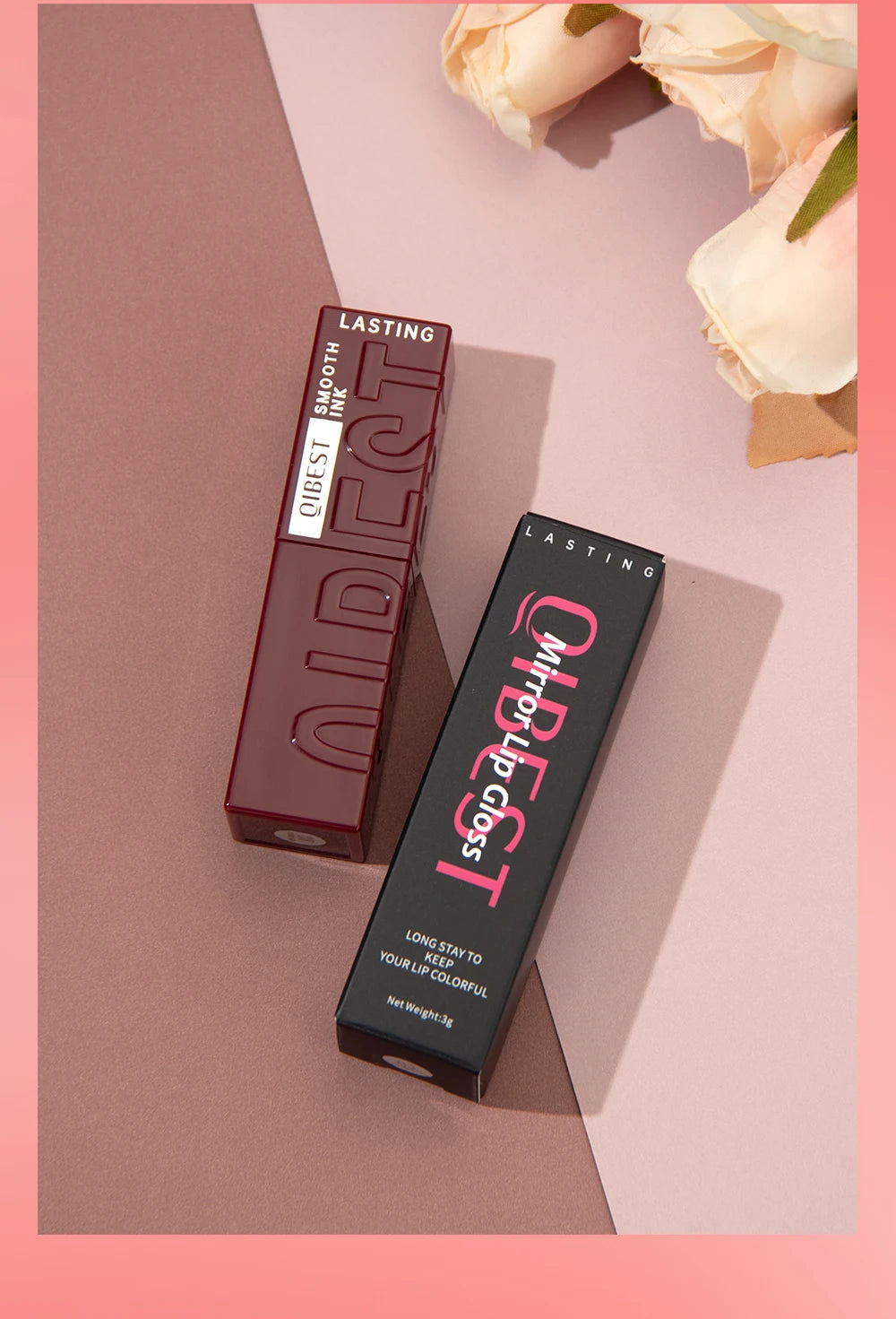 QIBEST red liquid lip glaze and black product box with mirror glossy finish, moisturizing long-lasting lip makeup.