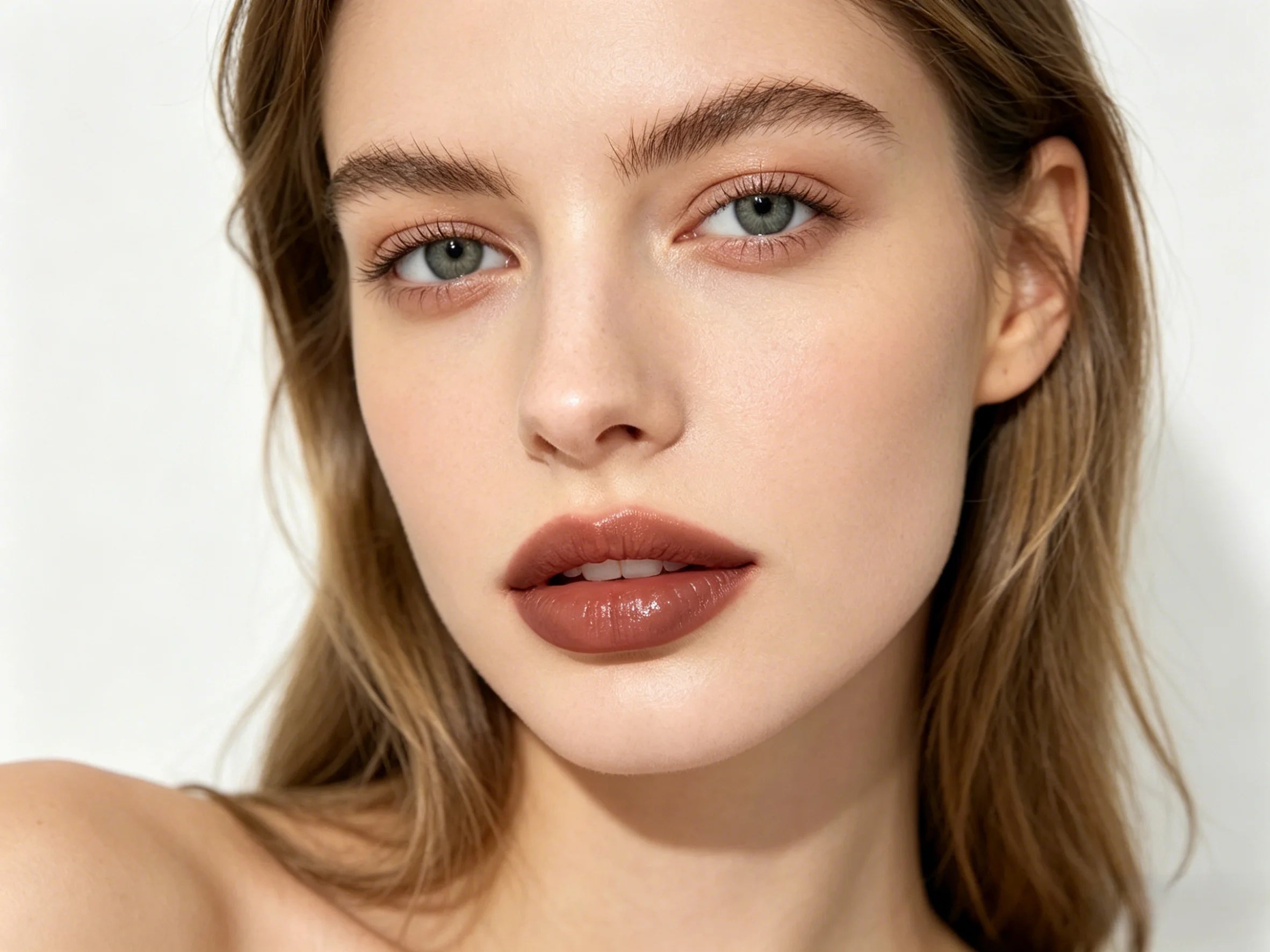 Model wearing glossy, hydrating brown lip tint with a smooth, moisturizing texture for a Western makeup look.