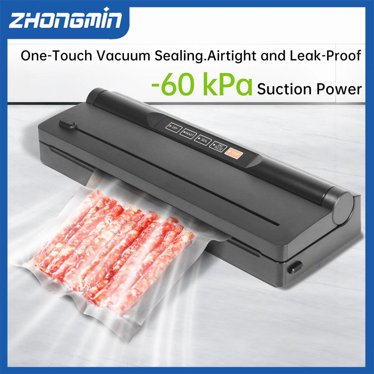 ZHONGMIN Vacuum Sealer Machine, 4-in-1 Food Saver with Built-in Cutter & Roll Storage, -60kPa Strong Suction, Dry/Moist/Pulse Se