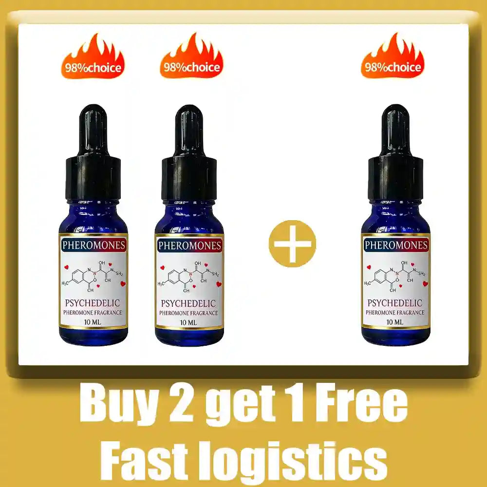 Psychedelic Pheromone cologne for men, 10ml blue dropper bottles, long-lasting scent to attract women, 3-pack set.