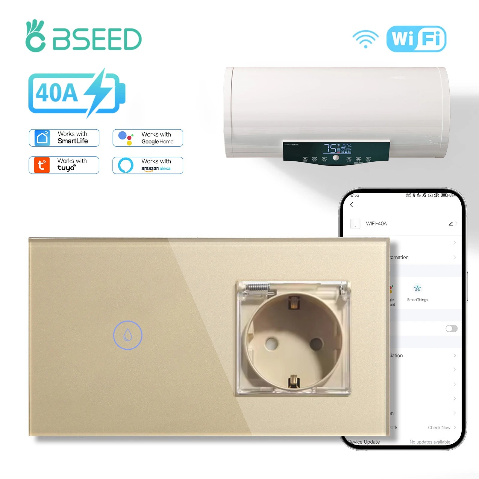 BSEED Wifi Smart Water Heater Switches Touch Boiler Switches 40A Plus EU Waterproof Socket For Kitchen Batroom Tuya Smart Life