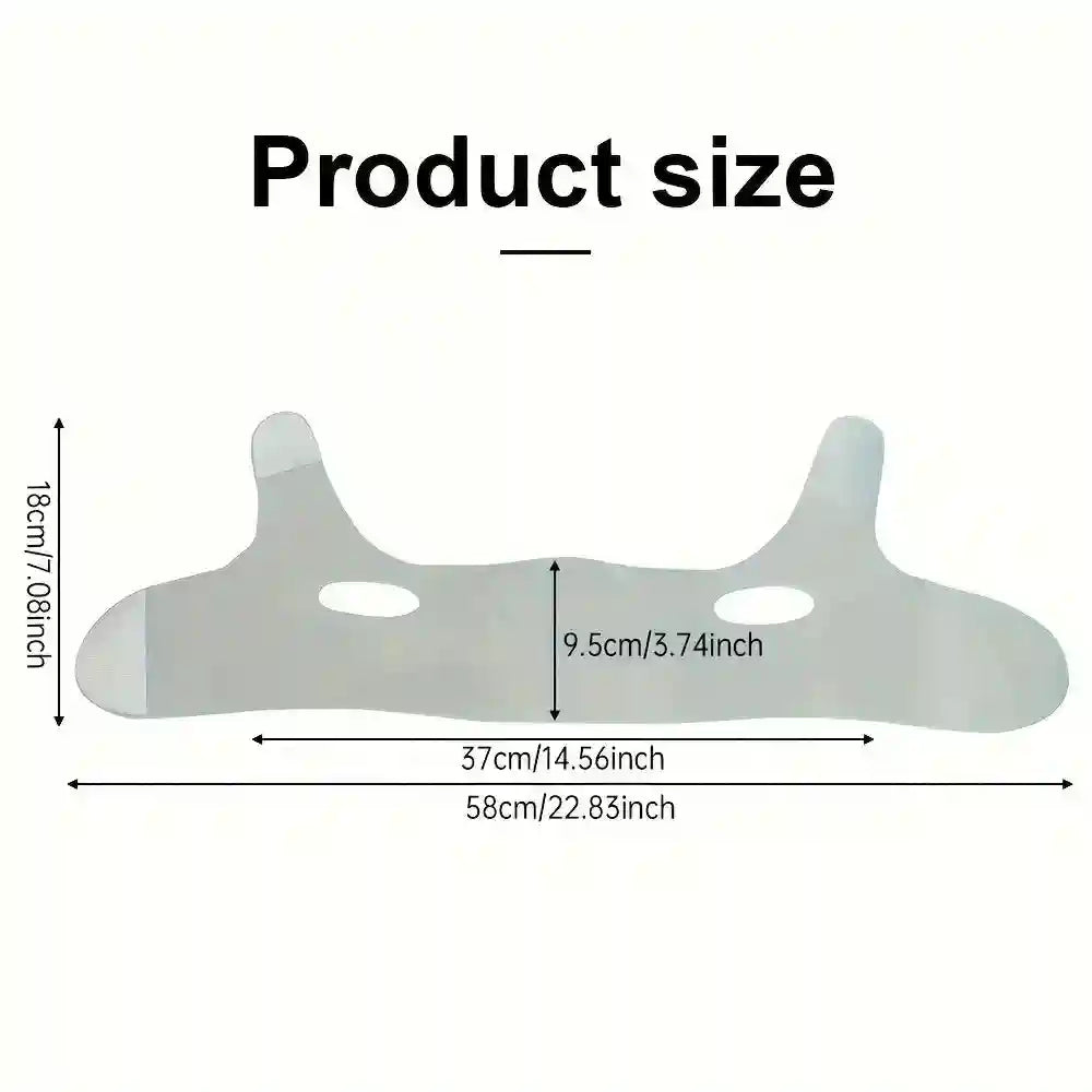 Light gray, reusable V-line face slimming bandage with ear holes and dimensions labeled in centimeters and inches.