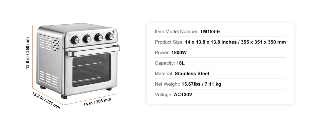 SucceBuy 18L 1700W Air Fryer Toaster Oven Stainless Steel Toaster Ovens Countertop Combo with Grill Home and Commercial Use