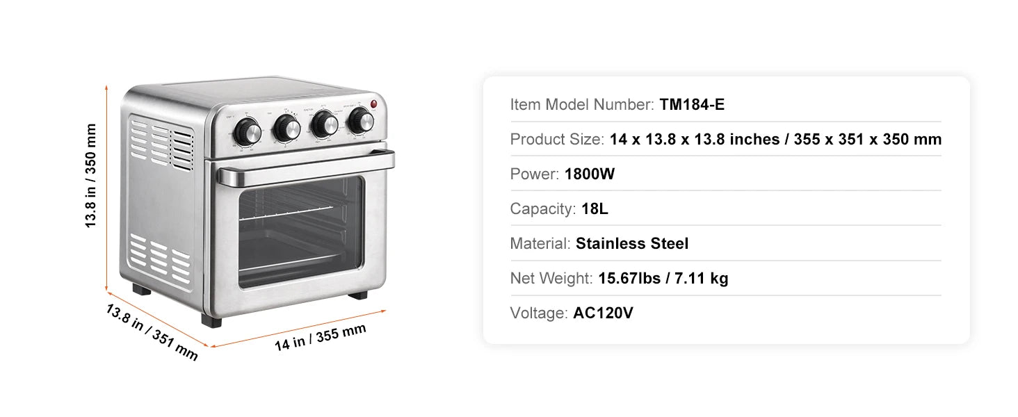SucceBuy 18L 1700W Air Fryer Toaster Oven Stainless Steel Toaster Ovens Countertop Combo with Grill Home and Commercial Use