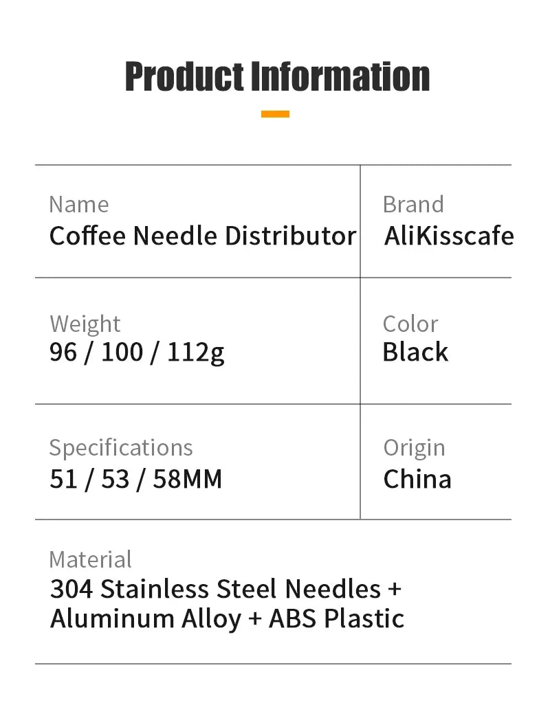 AliKisscafe black coffee needle distributor with stainless steel needles, aluminum alloy, and ABS plastic, 51-58mm sizes.