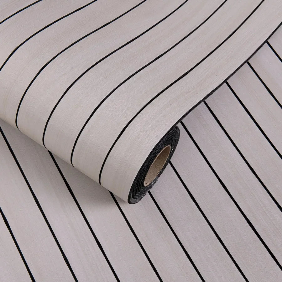 Self-adhesive 3D wall sticker roll, light cream wood-look stripes with dark outlines