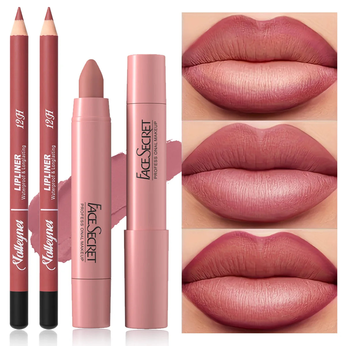 Matte velvet lipstick and waterproof lip liner combo set in dusty rose for long-lasting, smooth, full-coverage lip looks.