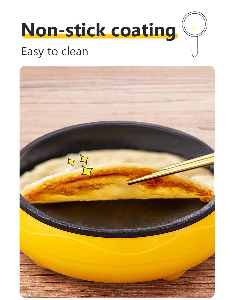 Yellow non-stick egg cooker pan on wood table with browned cooked surface inside.