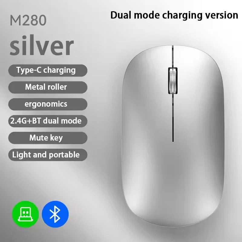 2.4G Wireless Mouse Type-C Rechargeable Bluetooth Mouse 1600DPI Silent Click Portable Office Game No-Noise Mice for PC Laptop