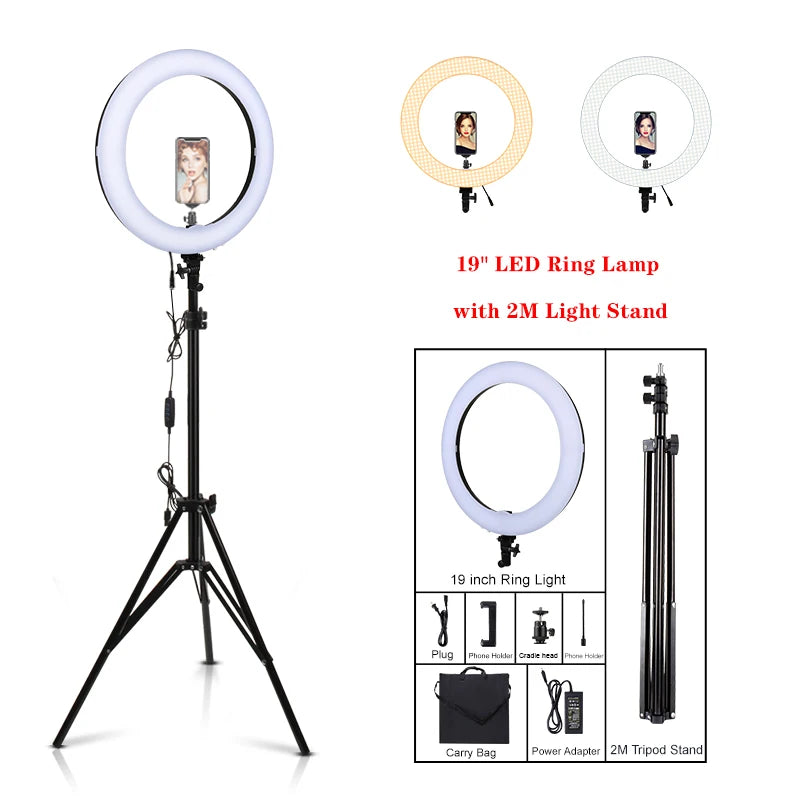 19-inch LED ring lamp on a 2-meter tripod stand for photography and video, with phone holder and carrying bag.