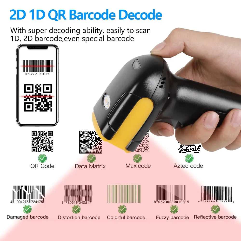 Handheld 2D barcode scanner decoding QR and 1D barcodes, black body with yellow grip