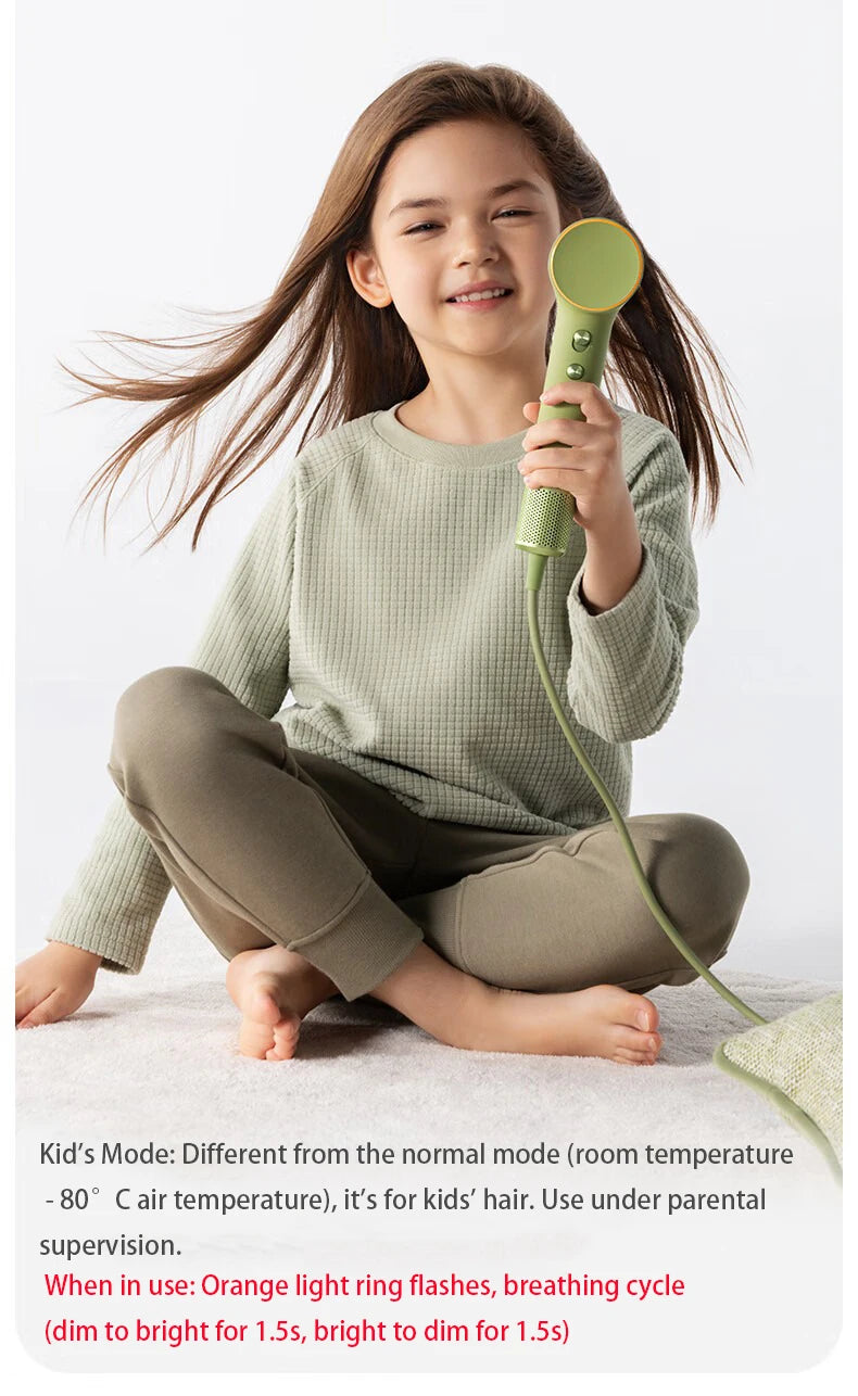 Green Laifen Mini high-speed portable hair dryer with child mode, 299g lightweight design for home or travel use.