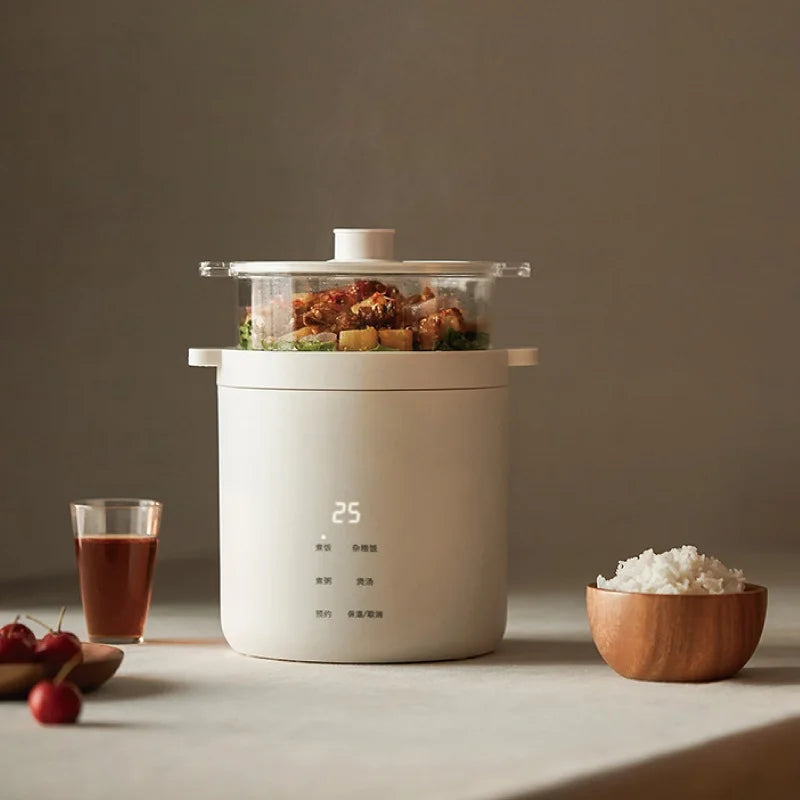 Smart white electric rice cooker with transparent lid and steaming contents