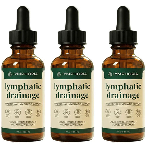 Three 2 fl. oz. amber dropper bottles of Lymphoria lymphatic drainage immune support liquid supplement.