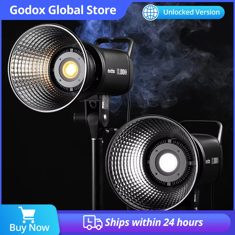 SL100B LED video light with reflective bowl, black cylindrical casing, and mounting stand for studio photography.