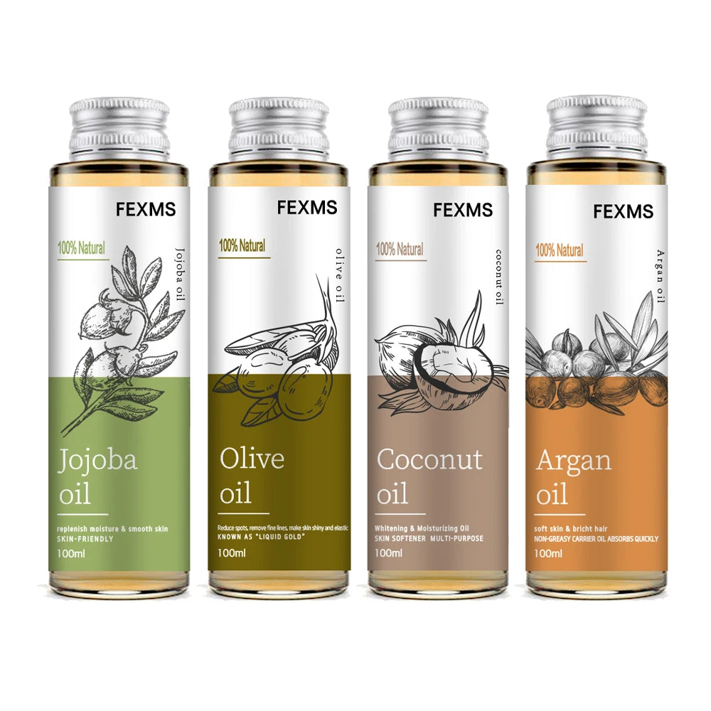 Assorted natural oil bottles: Jojoba, Olive, Coconut, Argan, 100ml, FEXMS