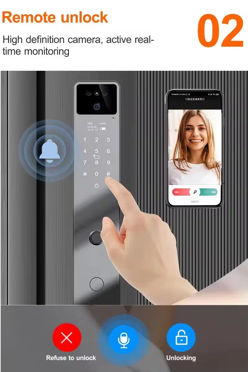 Facial Recognition Fingerprint Smart Security Door Lock Tuya App Wifi Camera Video Screen Biohacking RFID Digital Door Lock