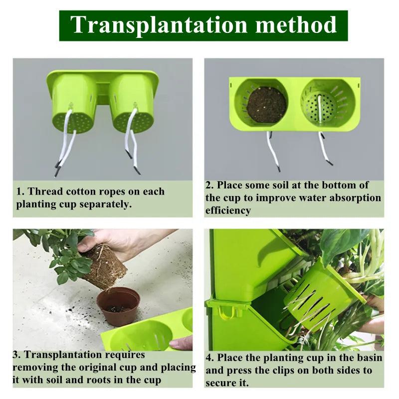 Green vertical planter installation steps with soil and water-absorption cup setup