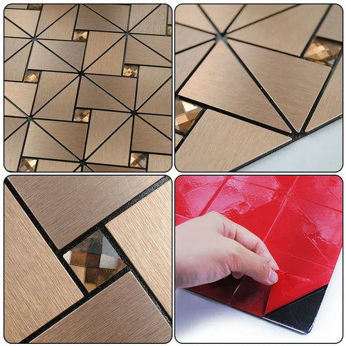 Self-adhesive mosaic tile sheet with tan square and dark gray cross pattern
