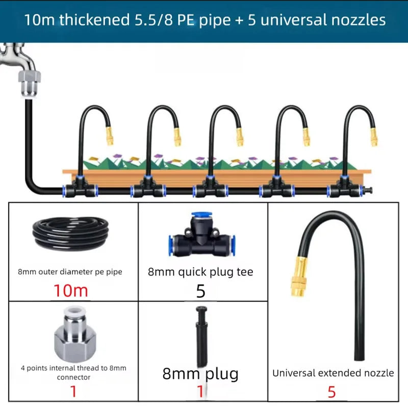 10m sprinkler pipe kit with 5 brass nozzles, black tubes, and quick plug fittings