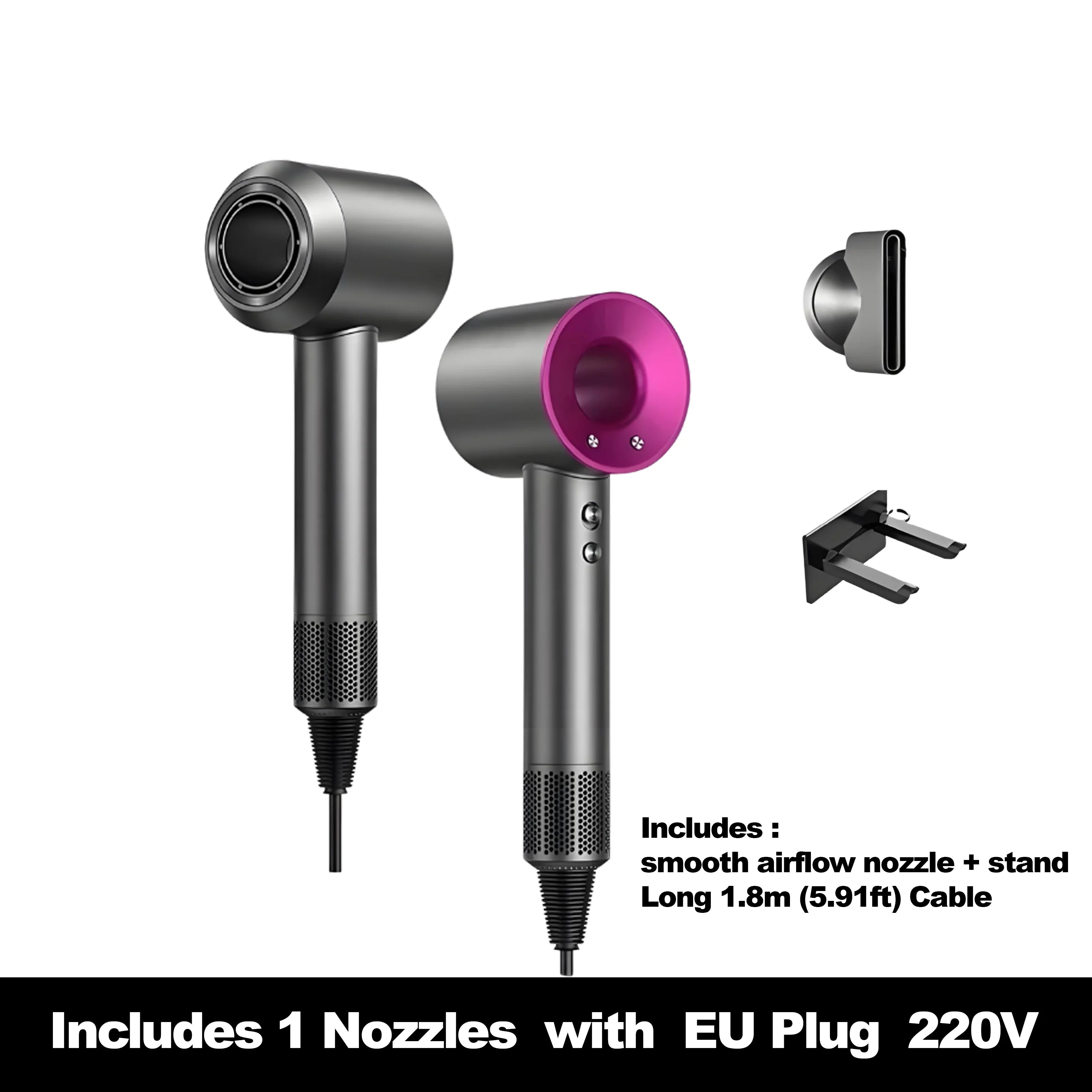 High-speed grey hair dryer with pink head, negative ion technology, styling nozzle, and wall stand for salon results.