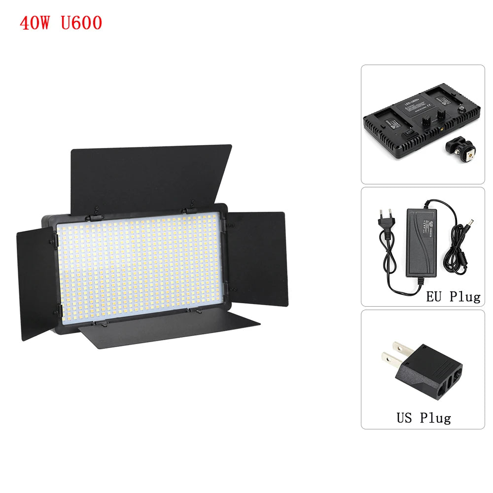 40W U600 LED video light panel with black barn doors, EU/US power adapters, and mounting hardware for studio lighting.