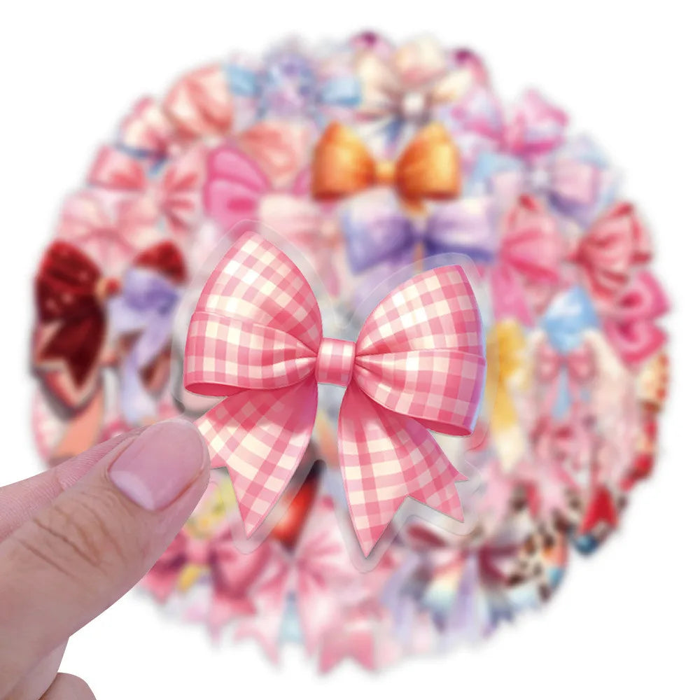 60-piece waterproof transparent bow sticker pack for scrapbooking, journals, and cute pet accessory decoration.