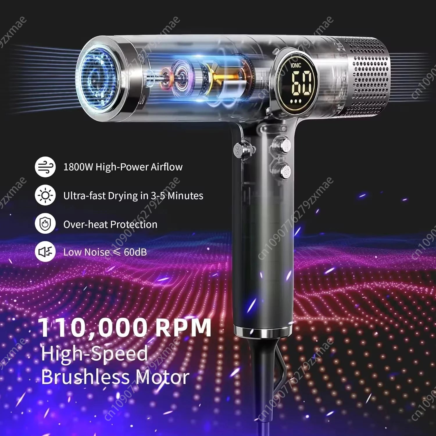 1800W high-speed negative ion hair dryer with transparent casing, digital display, and powerful brushless motor design.