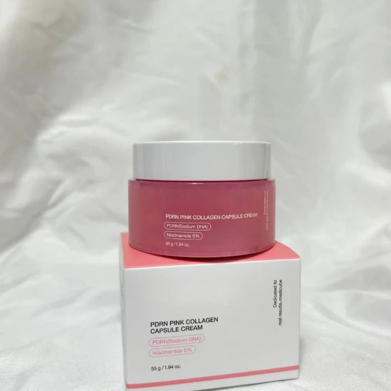 A pink, cylindrical jar of PDRN Collagen Capsule Cream with a white lid, resting on its matching white and pink box.