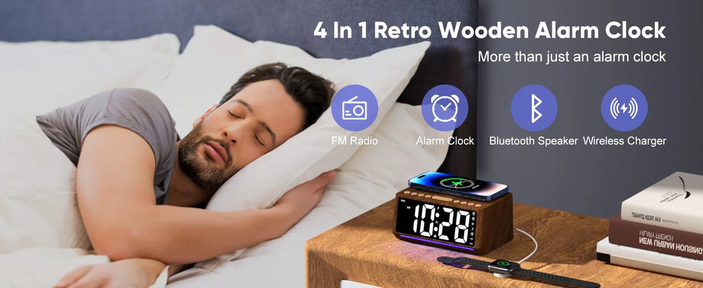 Wooden Digital Alarm Clock with Wireless Charger & Bluetooth Speaker Tidesmit