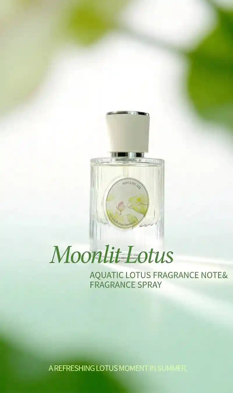 Moonlit Lotus perfume in a fluted glass bottle. Long-lasting floral woody fragrance with lotus and jasmine notes.