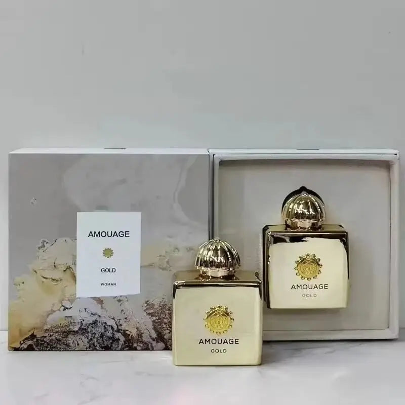 Amouage Gold Woman EDP: Luxury floral oriental chypre perfume in a polished gold square bottle with a rounded cap.