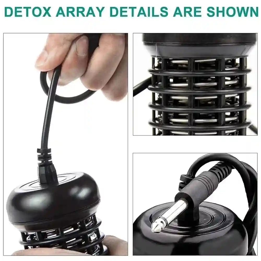 Close-up of black ionic detox foot bath array with metal coils, connecting cable, and jack plug for spa cleanse machine.