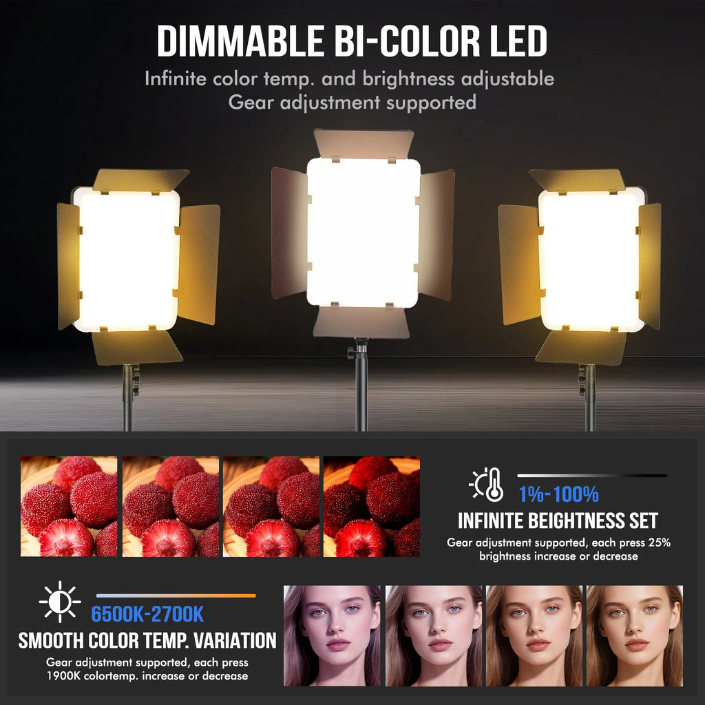 Rectangular dimmable LED video light panel with adjustable barn doors on a stand for photography and studio lighting.
