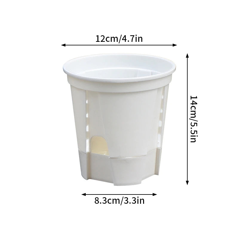 White round self-watering plant pot with transparent reservoir, size diagram