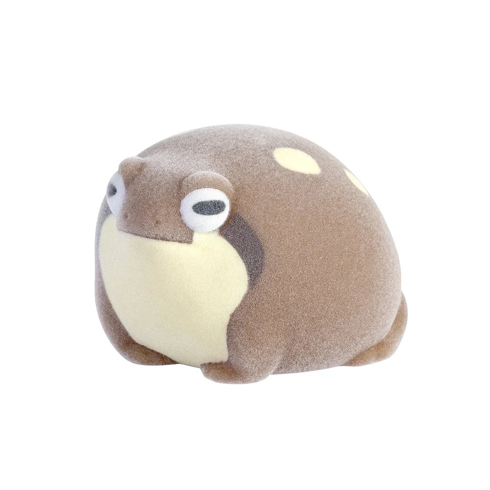 Cute brown flocked rain frog squeeze toy, kawaii miniature capsule figure for stress relief and fun decor.
