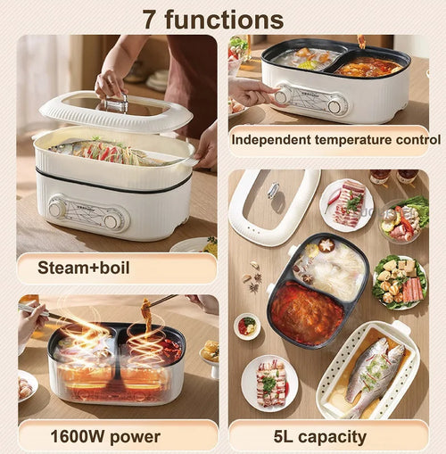 White dual-heating electric cooking pot with steamer lid and non-stick inner pans