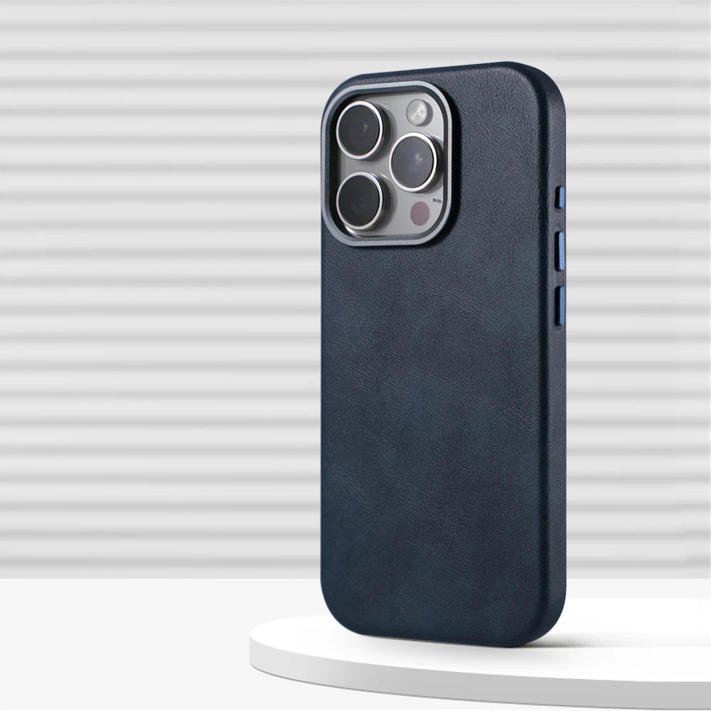 Magnetic Leather Case for iPhone 17 Pro Max with Alloy Lens Protection SW CX Blue Tidesmit