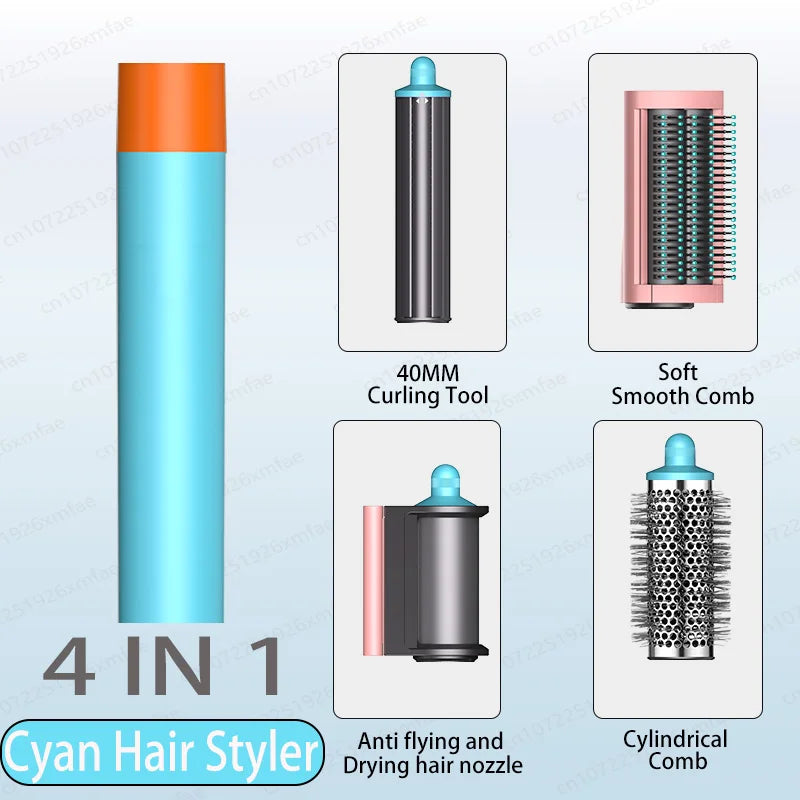 Cyan 4-in-1 high-speed hair dryer styler set with curling barrel, soft smooth brush, and volumizing cylinder comb.