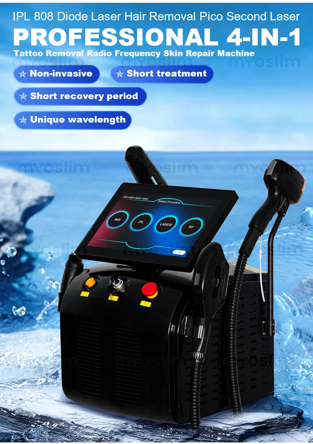 Tidesmit 4-in-1 Ice Platinum Laser Hair Removal machine showing multi-wavelength 755 808 940 1064nm diode technology