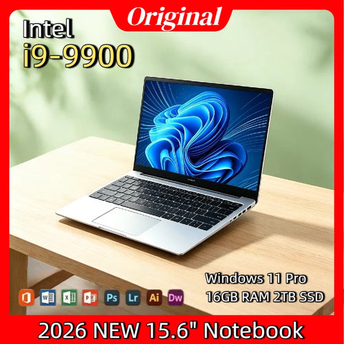 Slim silver 15.6-inch laptop with black keyboard, large trackpad, and thin-bezel screen displaying blue abstract art.