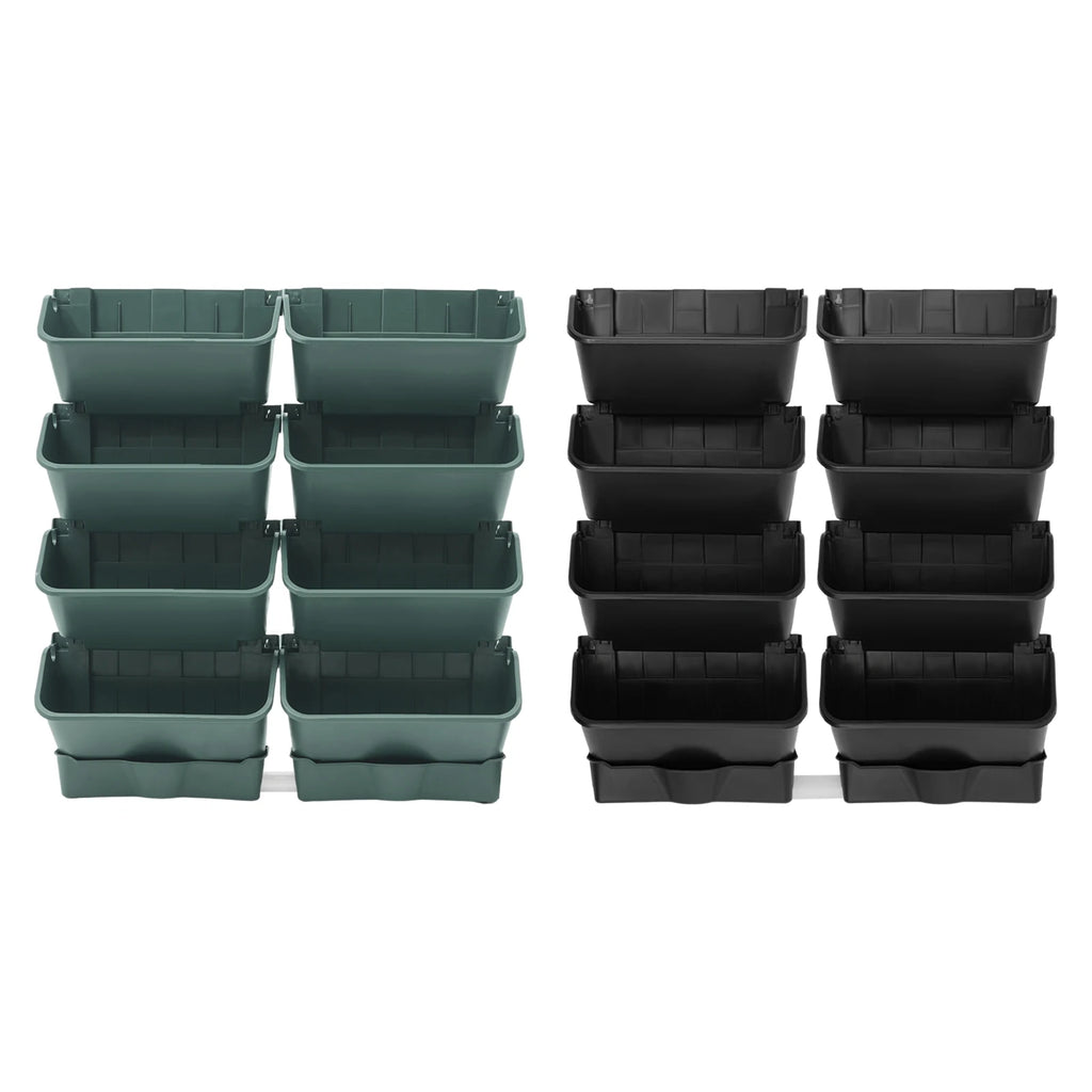 Wall-mounted vertical planter set, green and black modular planters arranged in two rows