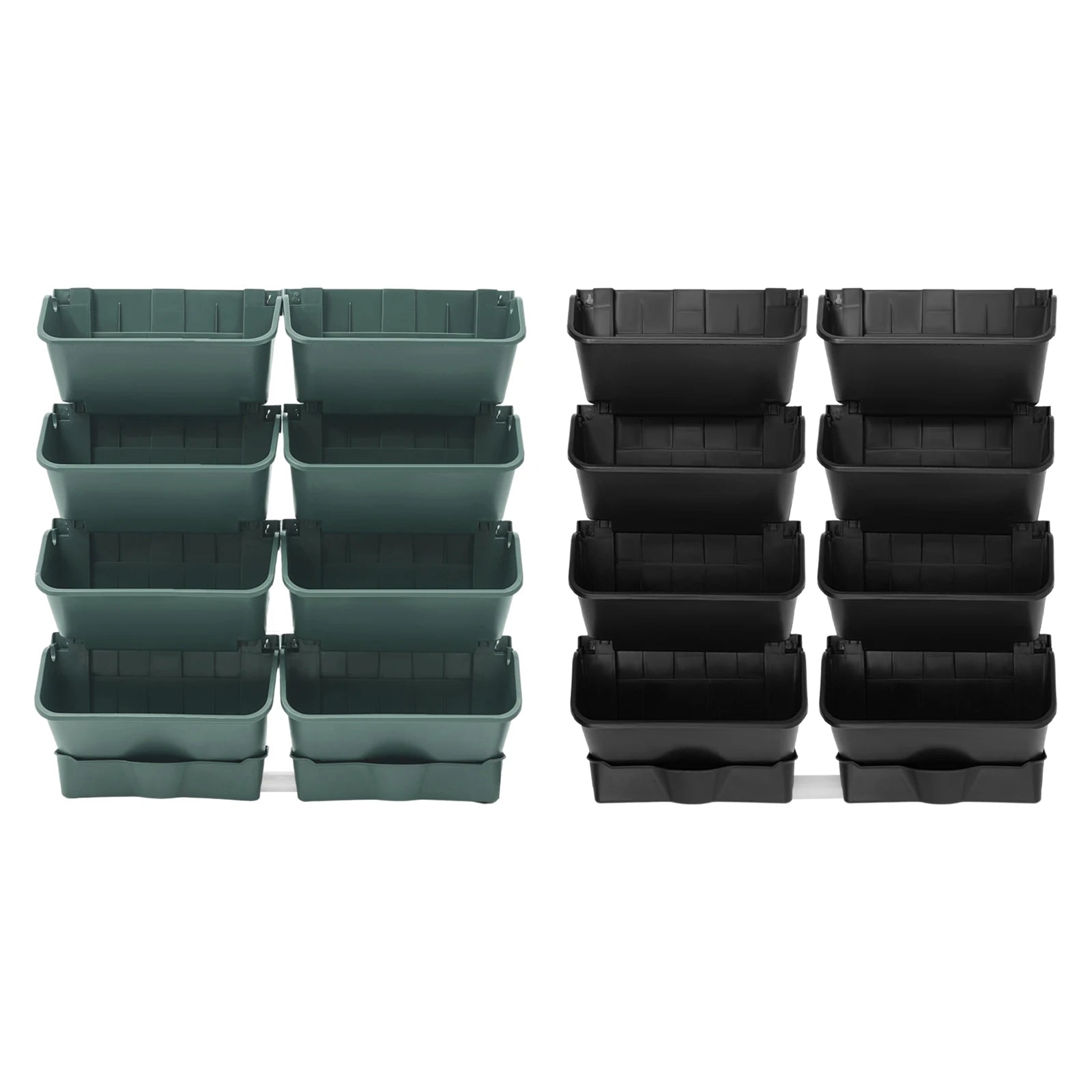 Wall-mounted vertical planter set, green and black modular planters arranged in two rows