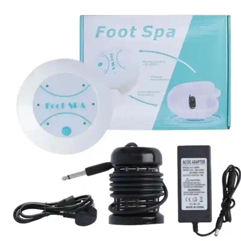 Electric detox foot spa ion cleansing machine with control unit, black ion array, and power adapter in product box.