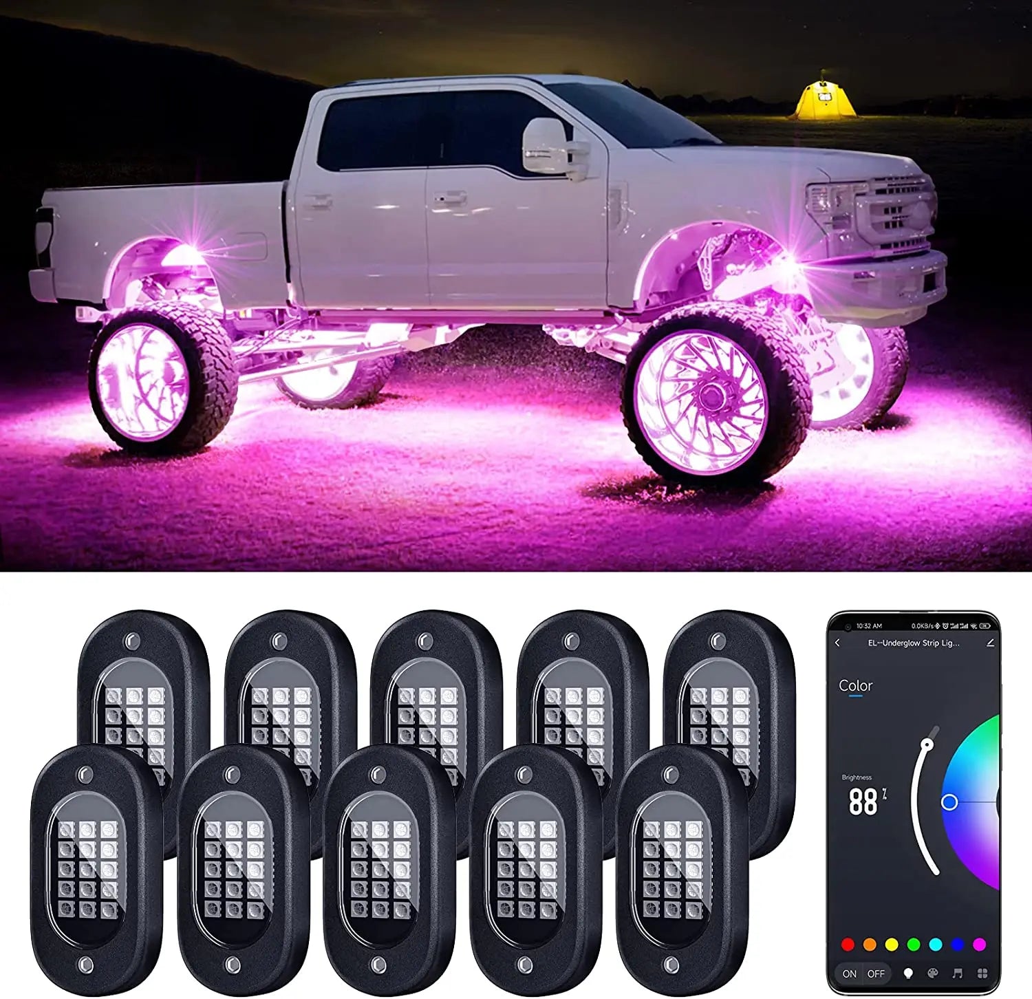 RGB LED Rock Lights for Trucks - App Controlled Neon Underglow Kit Tidesmit