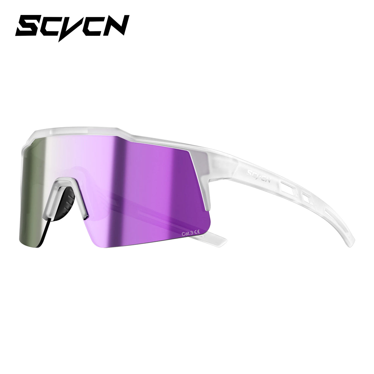 SCVCN photochromic cycling sunglasses, clear frame, purple mirrored lenses